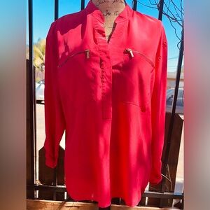 MICHAEL Michael Kors Melon Red V-Neck Blouse with Gold Zip Pockets